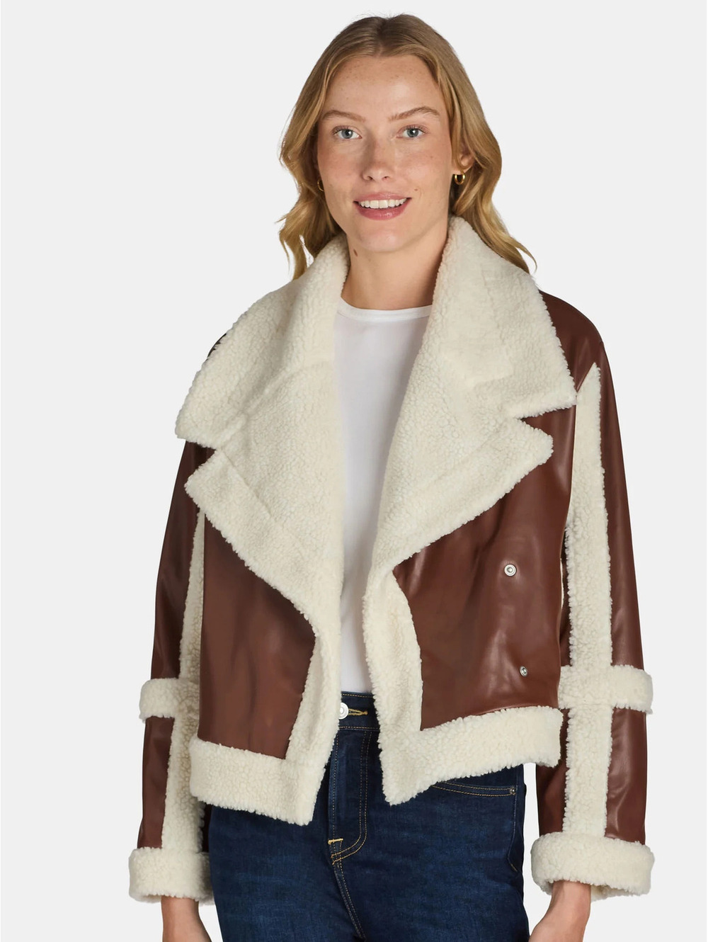Madden NYC Brown Faux Leather & Sherpa Moto Jacket Size XXS